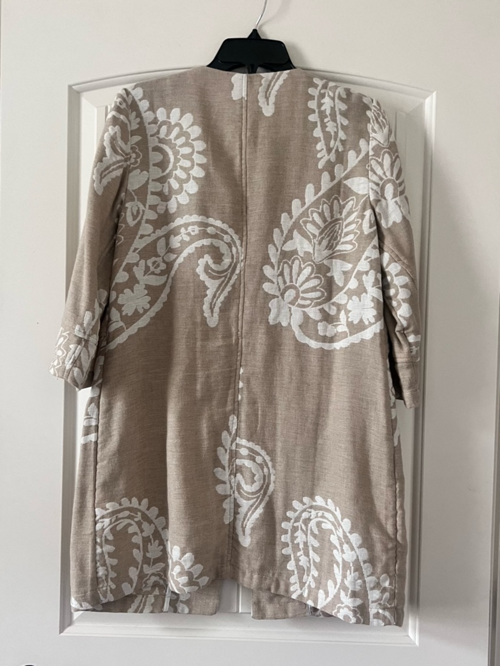 Chico's Womens 1 Floral Jacquard Tan White Linen Cotton Boho Open Jacket Duster - Picture 4 of 7